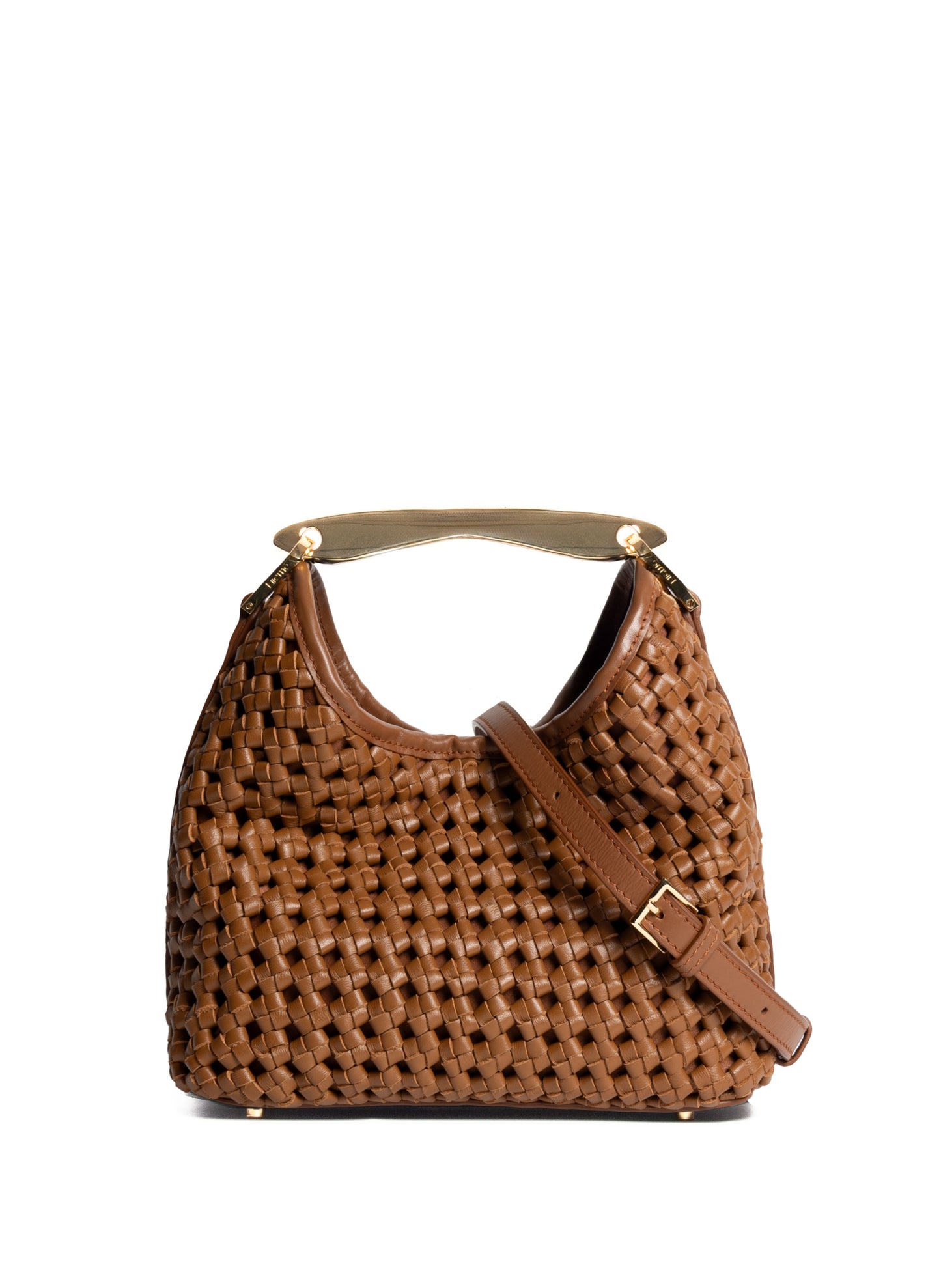 Small Boomerang Woven Leather Cognac