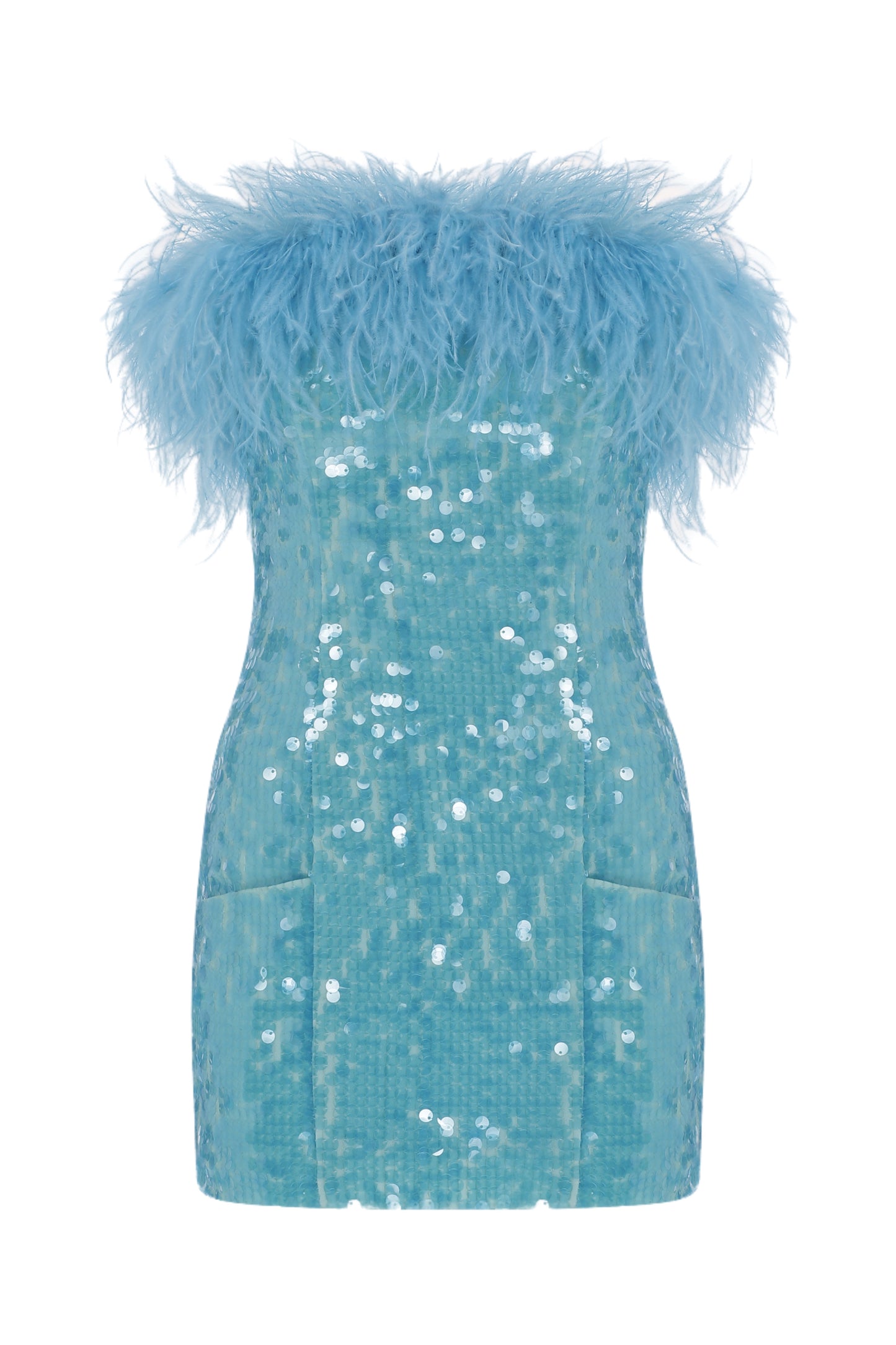 Drew - Turquoise Strapless Mini Sequin Dress With Feather Details