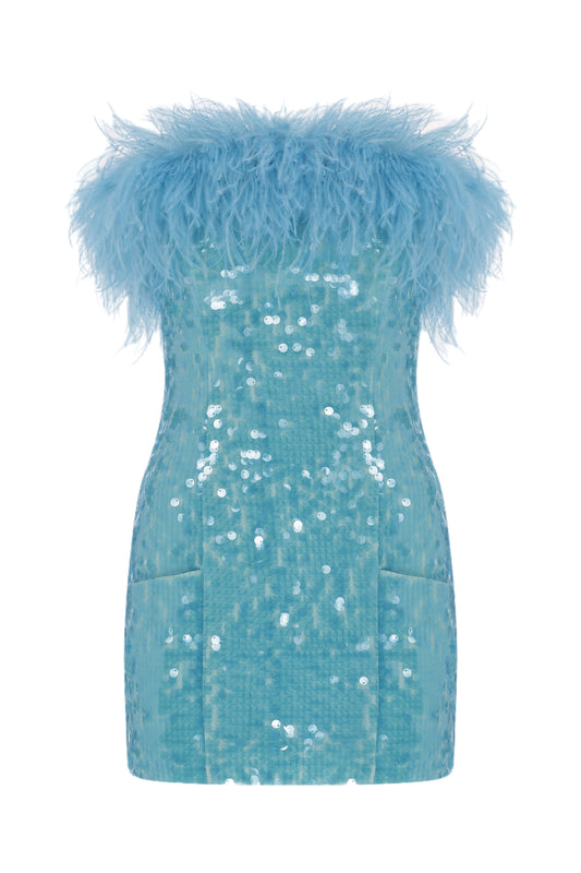 Drew - Turquoise Strapless Mini Sequin Dress With Feather Details
