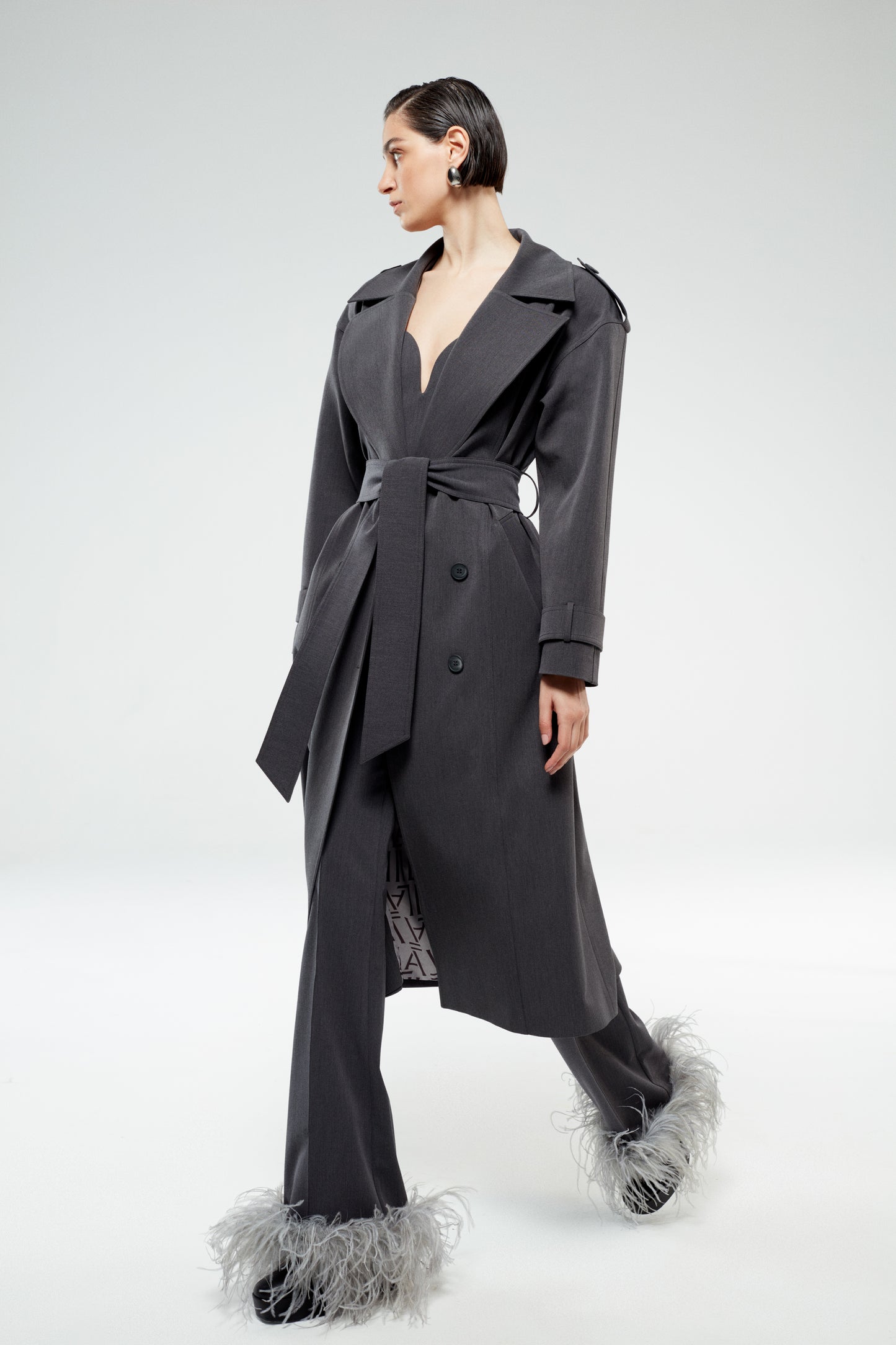Neo - Grey Flare Trousers With Feather Details