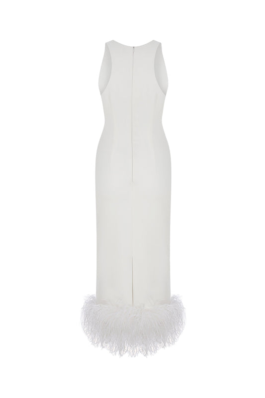 Puri - White Midi Dress With Feather Trim
