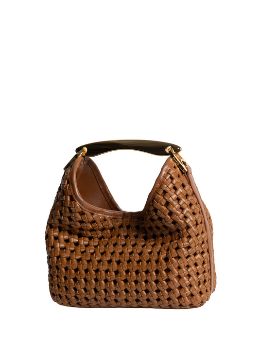 Small Boomerang Woven Leather Cognac