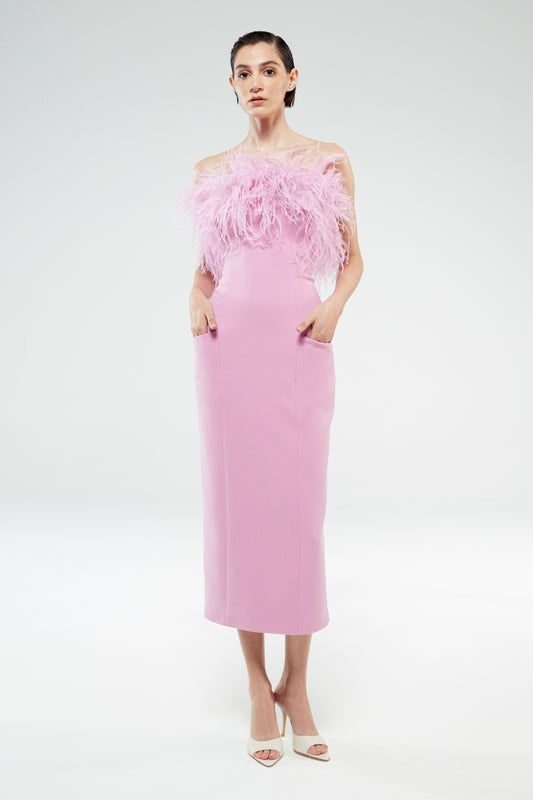 Alanis - Strapless Lilac Midi Dress With Feather Details