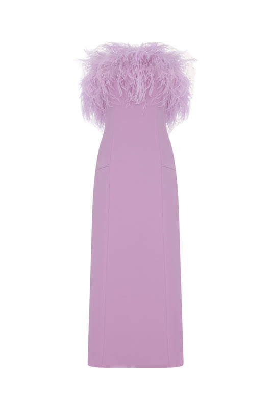 Alanis - Strapless Lilac Midi Dress With Feather Details