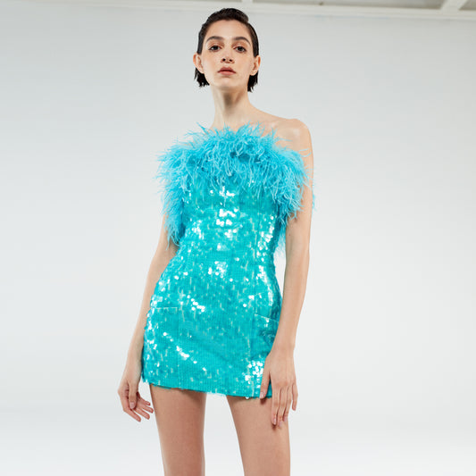Drew - Turquoise Strapless Mini Sequin Dress With Feather Details