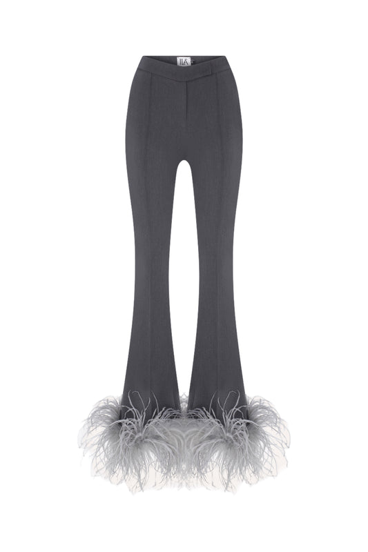 Neo - Grey Flare Trousers With Feather Details