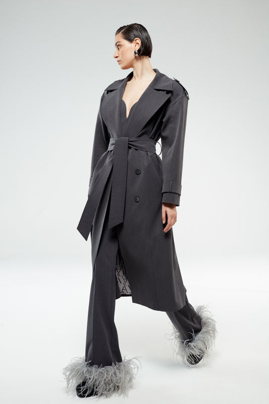 Neo - Grey Flare Trousers With Feather Details