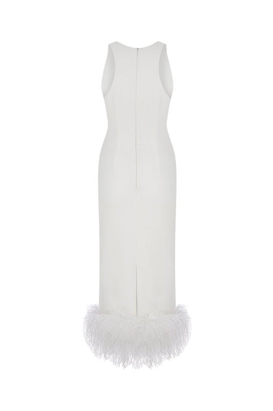 Puri - White Midi Dress With Feather Trim